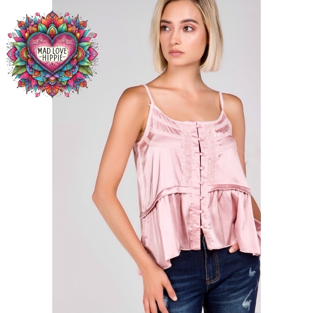 POL Pink Satin Button Front Cami Top with Lace